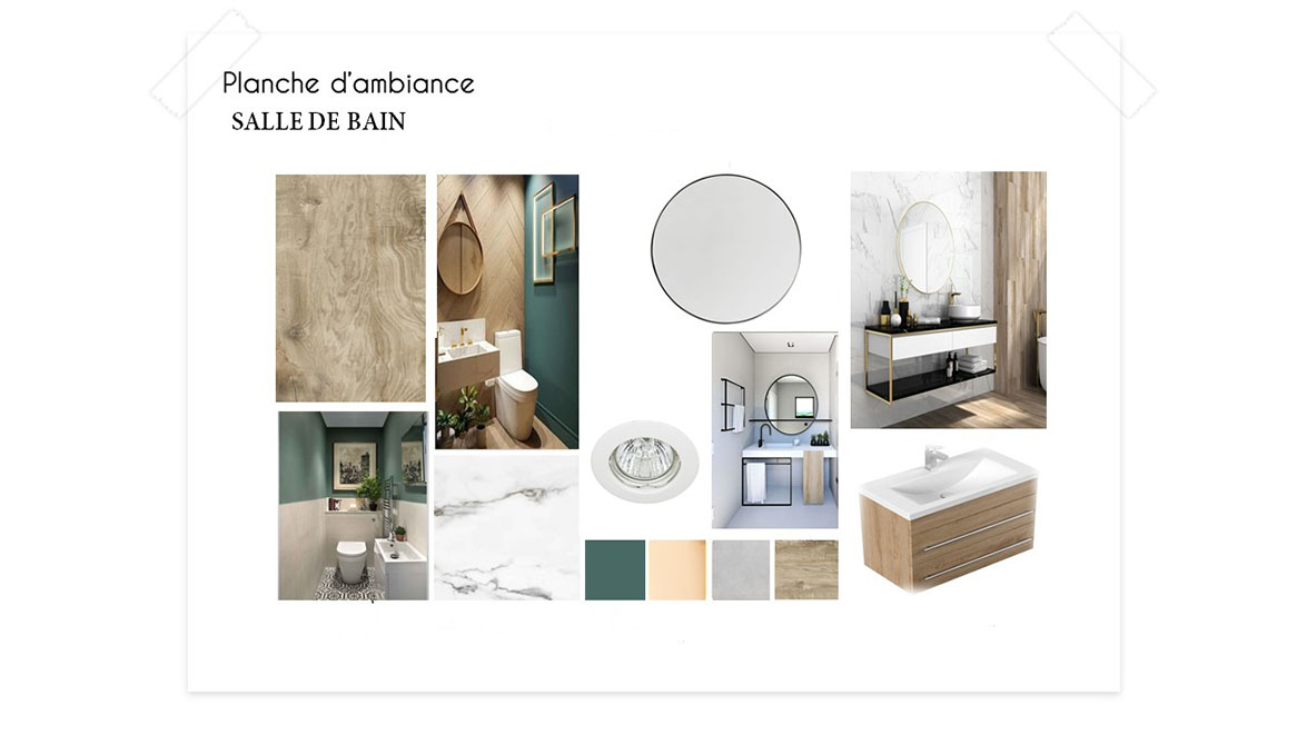 photo de la planche d'ambiance de la décoration de salle de bains pour un projet de rénovation pour un investisseur