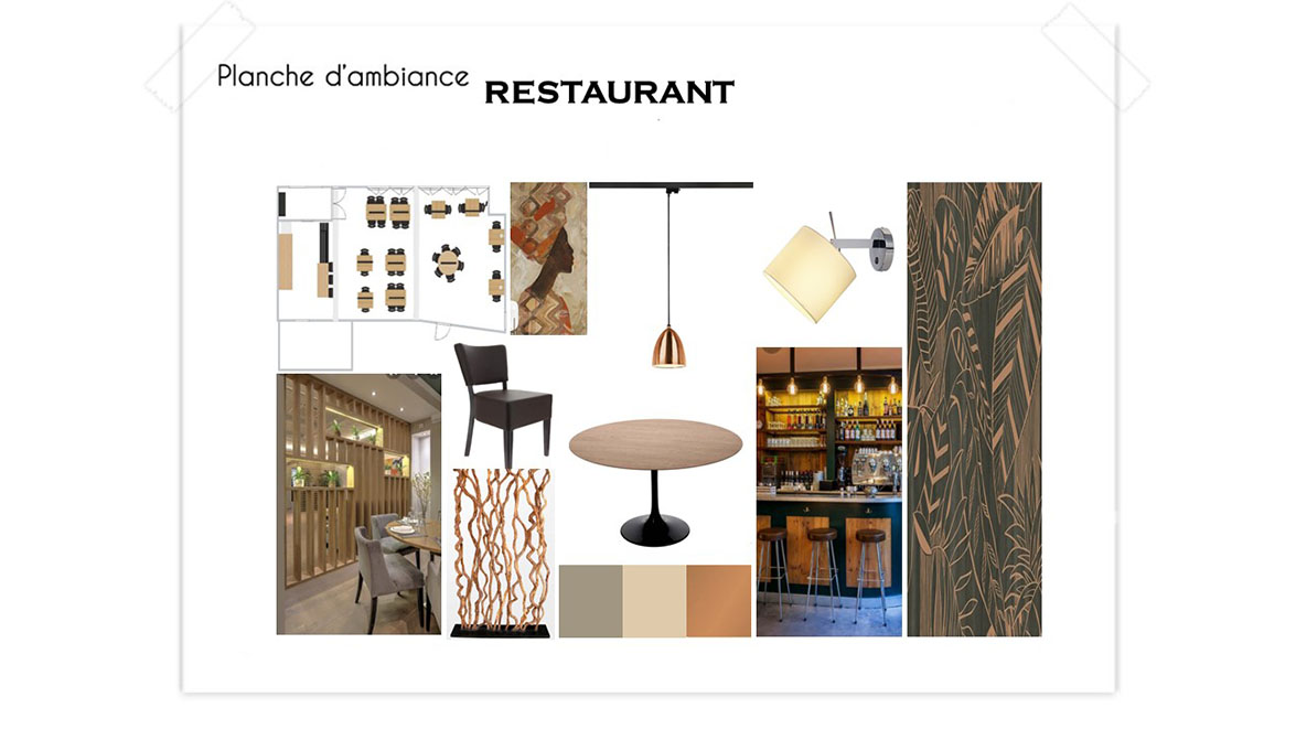 Planche d'ambiance couleur et ameublement pour un restaurant - design d'intérieur moderne et chic