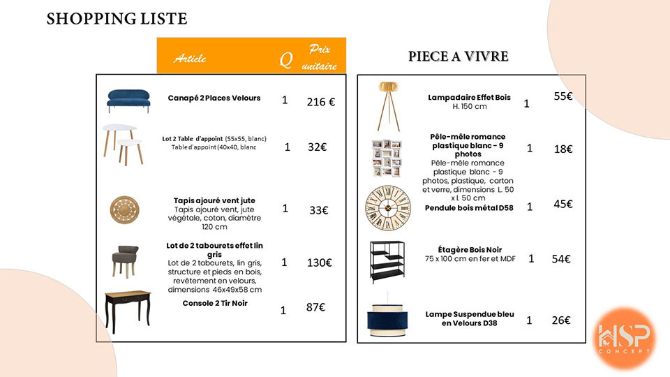 liste de shopping par HSP-Concept pour permmettre à l'investissuer de réaliser le design d'intérieur